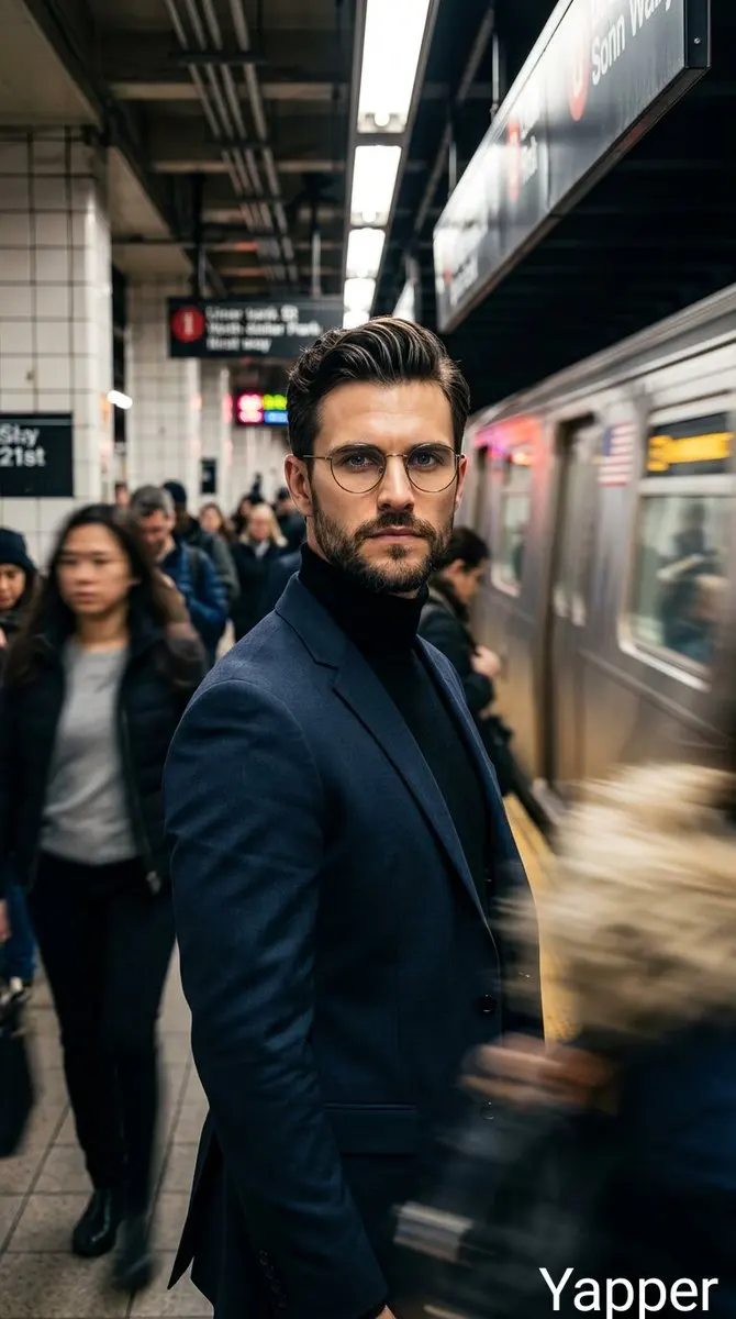 Cinematic portrait of a stylish man standing on a busy su...