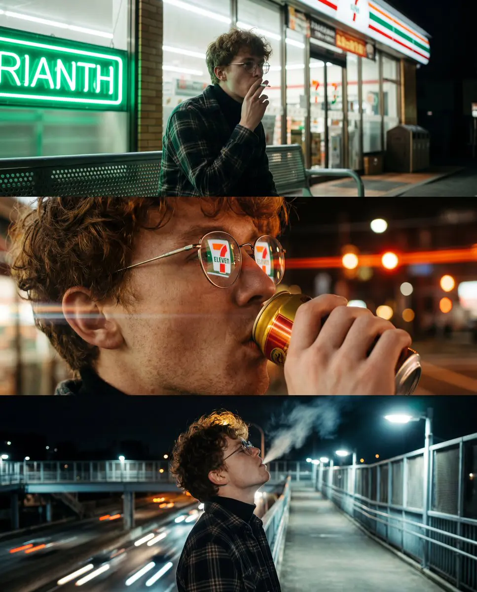 A vertical triptych of three cinematic, night-time urban ...