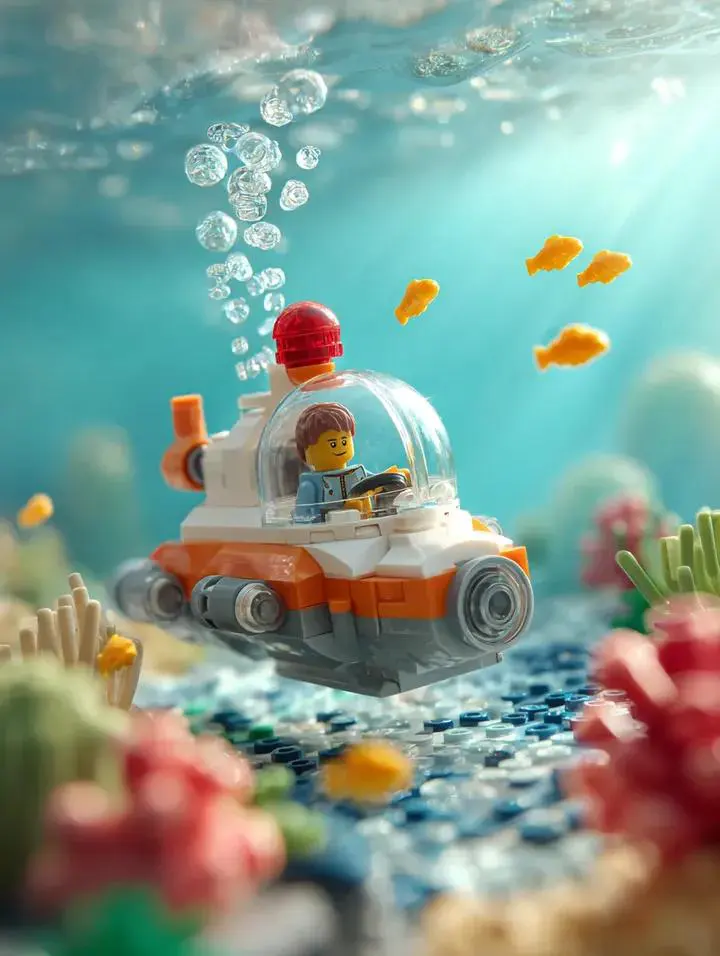 Surrounding the submarine are multiple small bright yello...