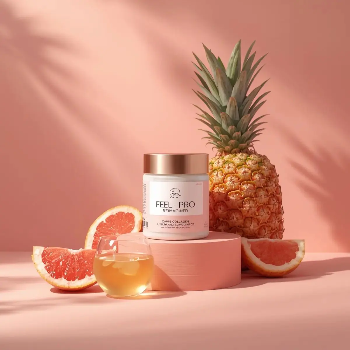 Minimalist luxury product photography of a collagen suppl...