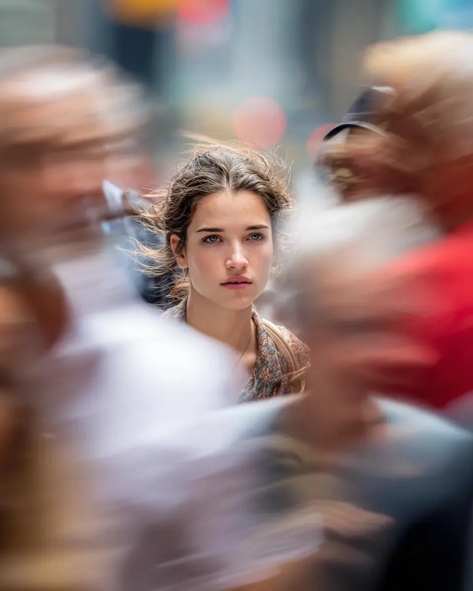 Model looking at camera, close up of face, busy New York ...