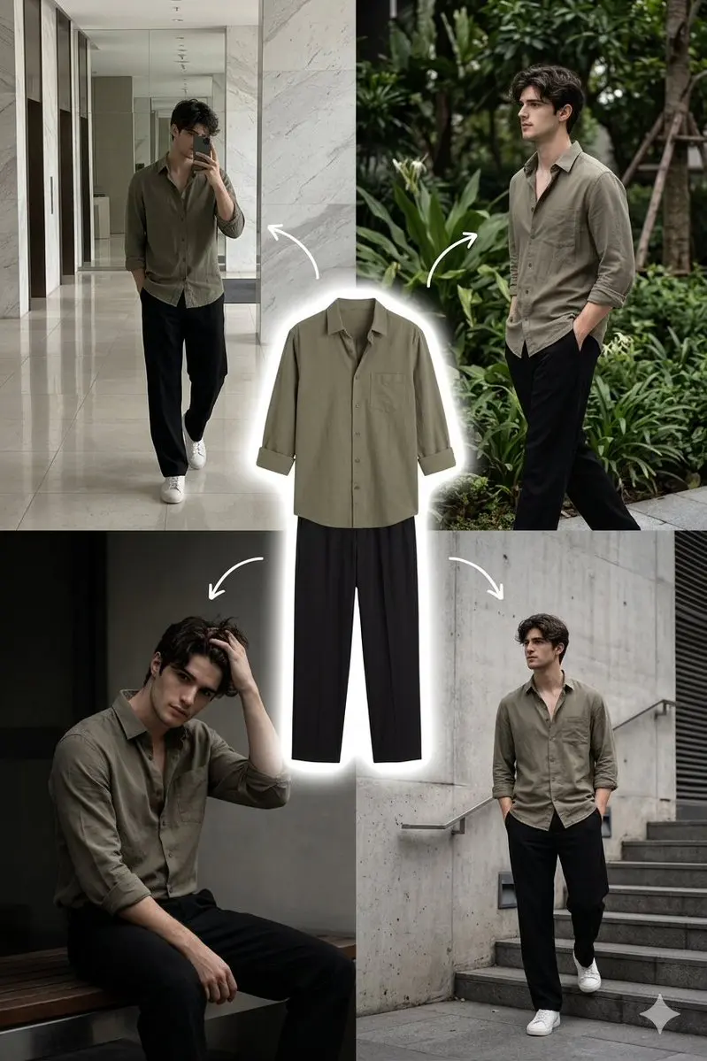 A stylish young man with medium-length wavy dark hair and...