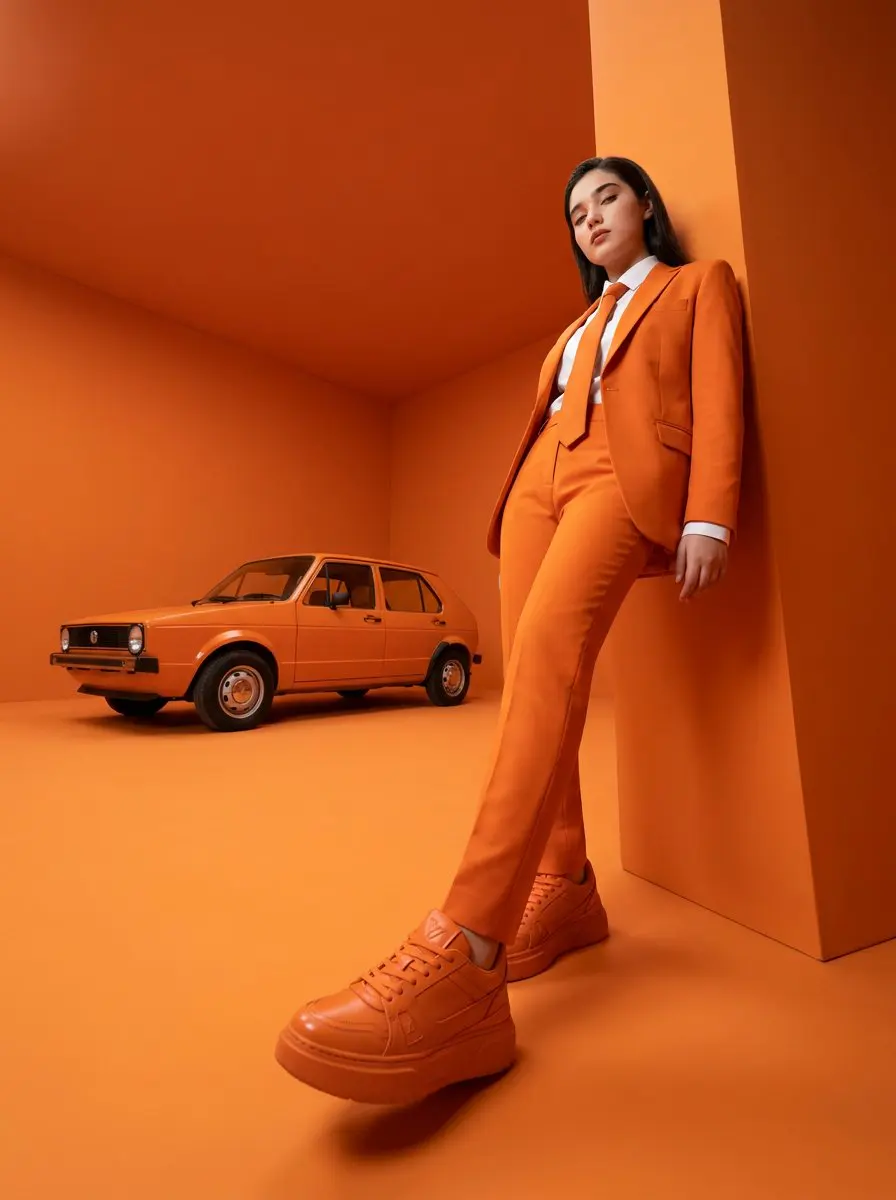 High-fashion editorial photography of a woman with the up...