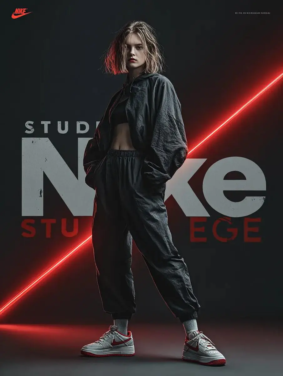 A dynamic fashion advertisement for Nike showing a hyper-...