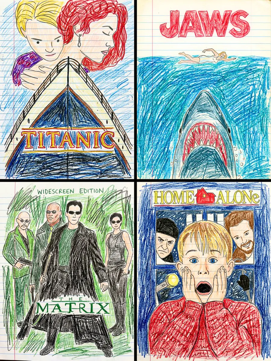 Transform this movie poster into a child’s crayon drawing...