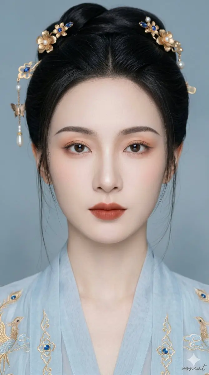 东方古风清雅女性正面肖像,超近景贴脸特写,人物正面面对镜头,头部端正,视线直视镜头,脸部几乎充满画面,构图集中,双...