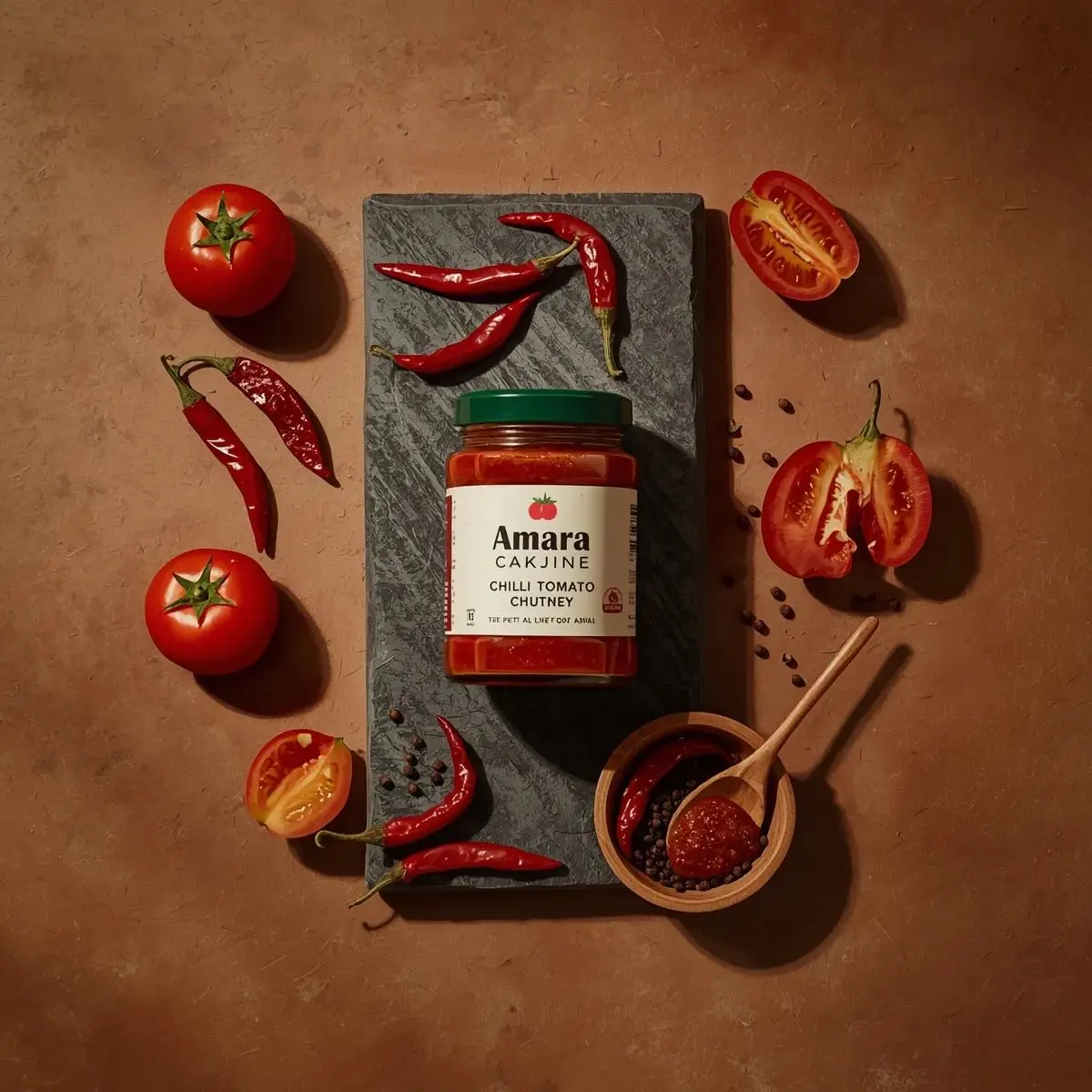 Top-down premium food photography of a glass jar of chili...