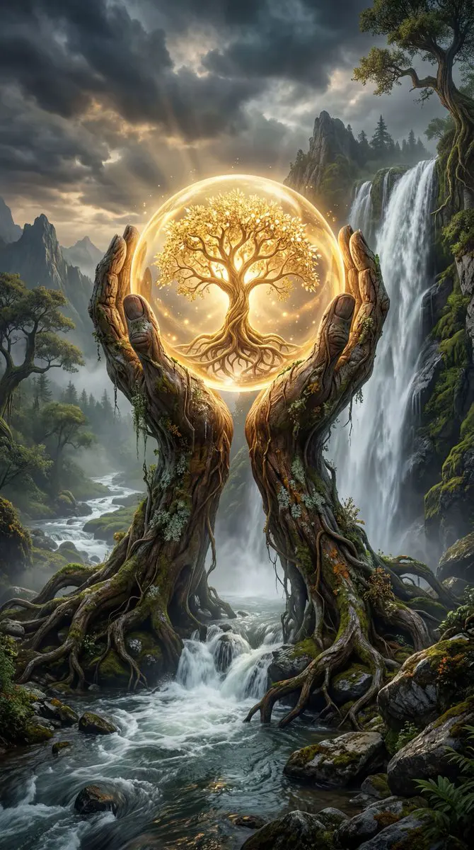 A majestic, ancient gnarled tree with thick, twisting roo...