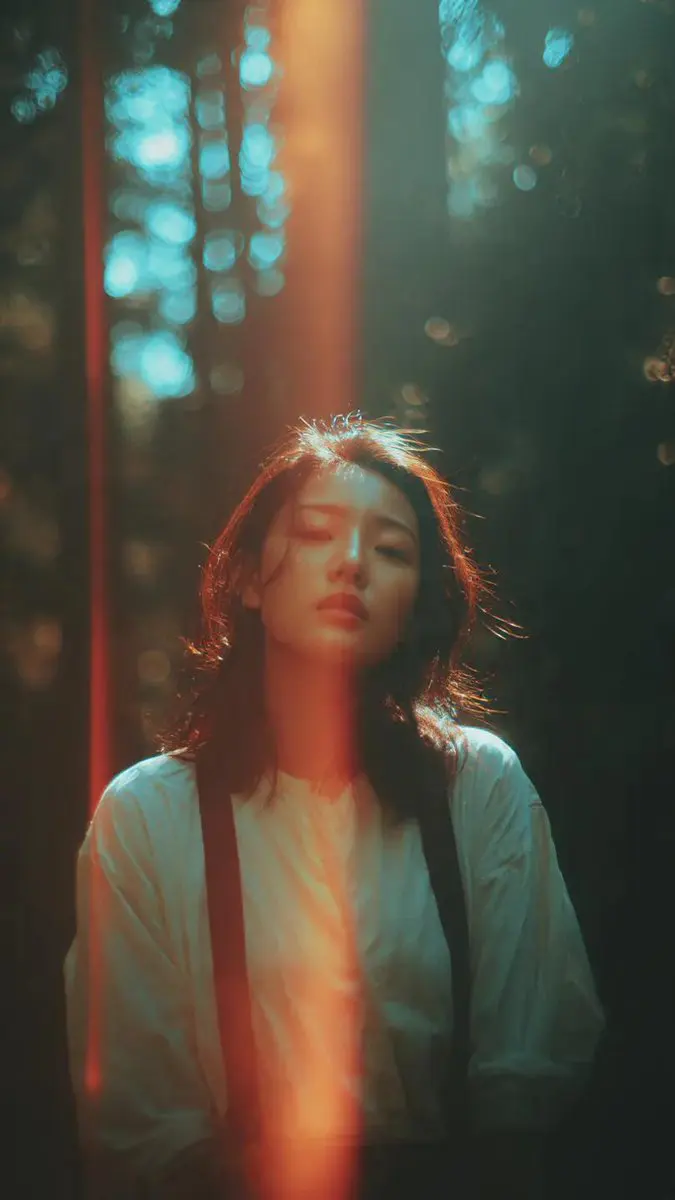 A cinematic portrait of an Asian woman standing in a quie...