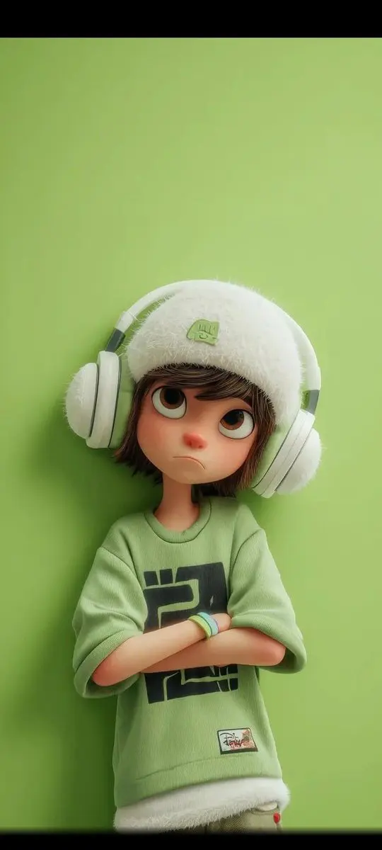 A stylized 3D cartoon character of a young boy with big e...