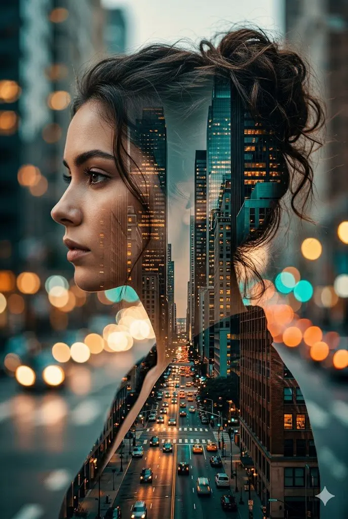 A cinematic double exposure portrait of a young woman hol...