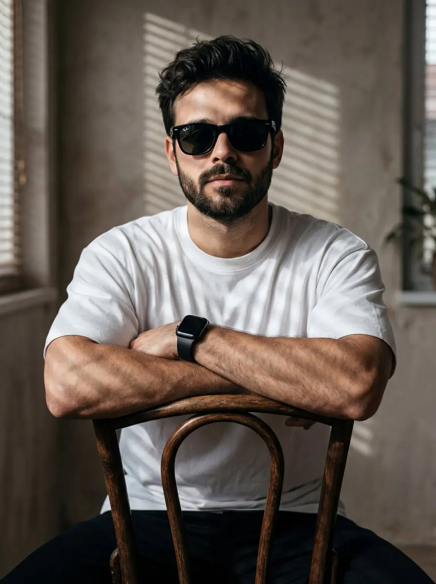 A high-resolution, cinematic portrait of a young man with...