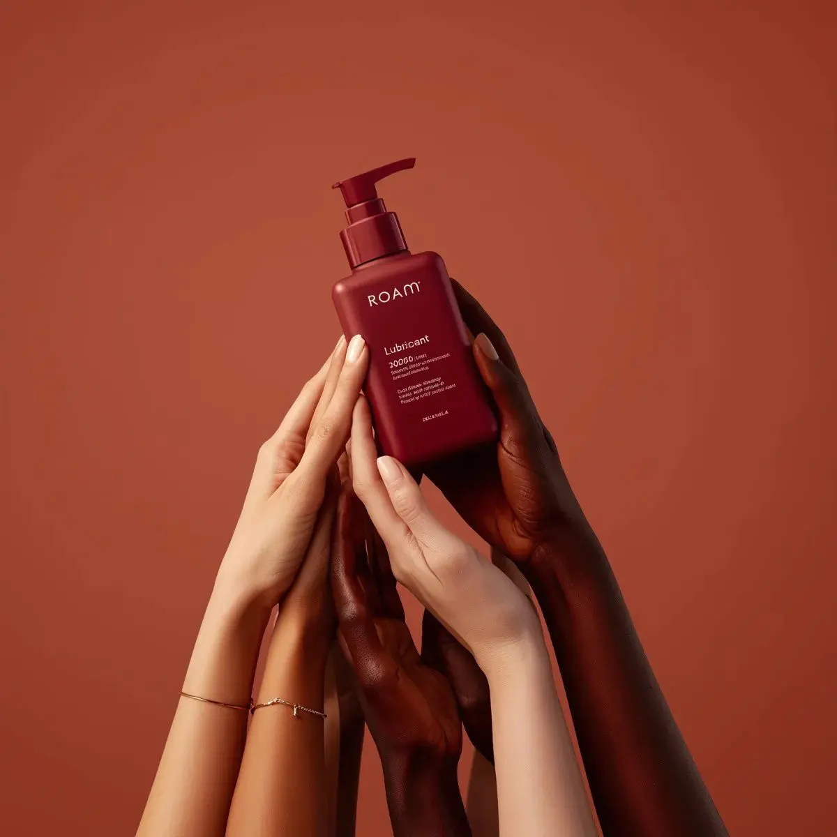Minimalist product photography of a matte red pump bottle...
