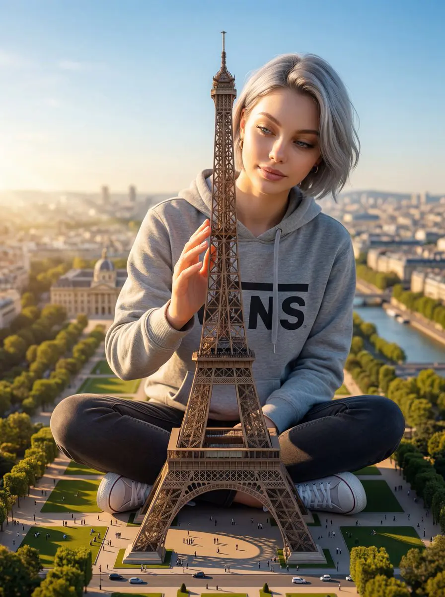 A titanic 600-meter tall woman sitting cross-legged on Ch...