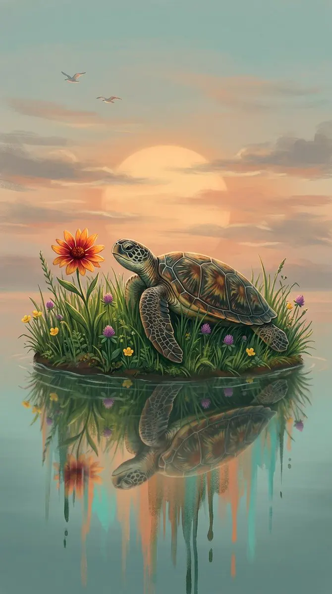 A digital fantasy illustration of a small turtle resting ...