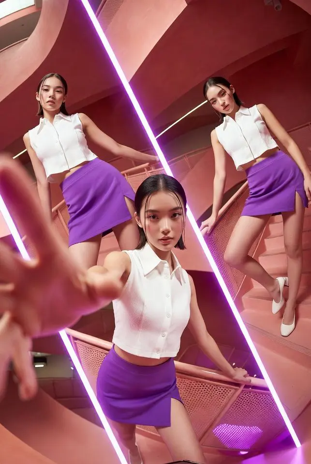A vibrant, high-fashion commercial photoshoot featuring a...