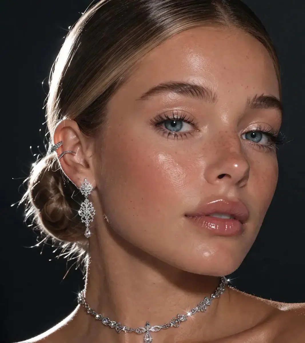 An extreme close-up focusing on a pretty lady's face and ...