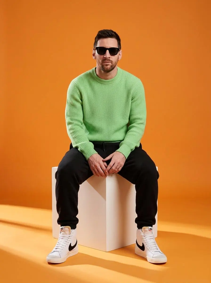 A stylish male model sitting on a white cube in a minimal...