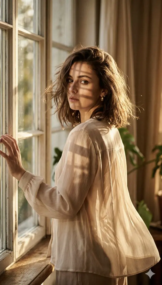 A high-fashion editorial portrait of a young woman standi...