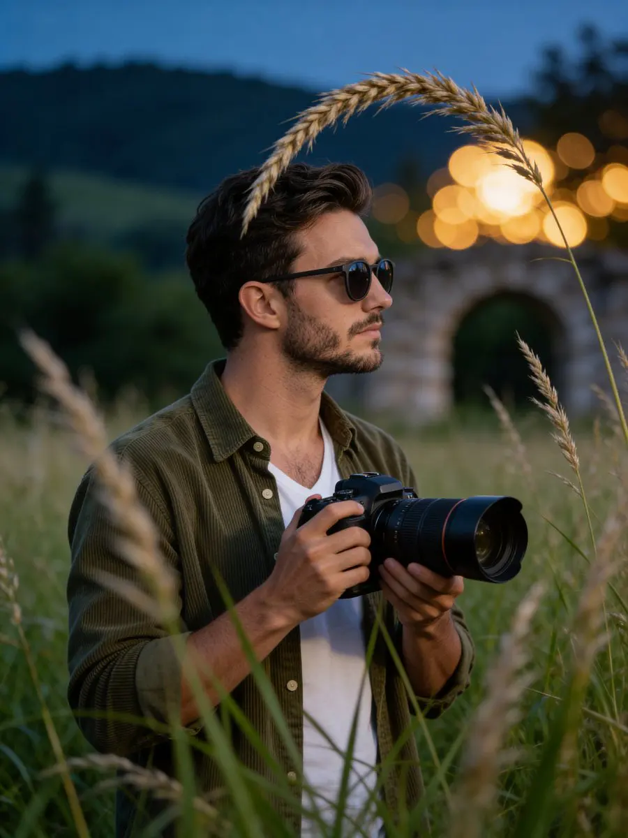 Cinematic medium shot of a young man with a trimmed beard...