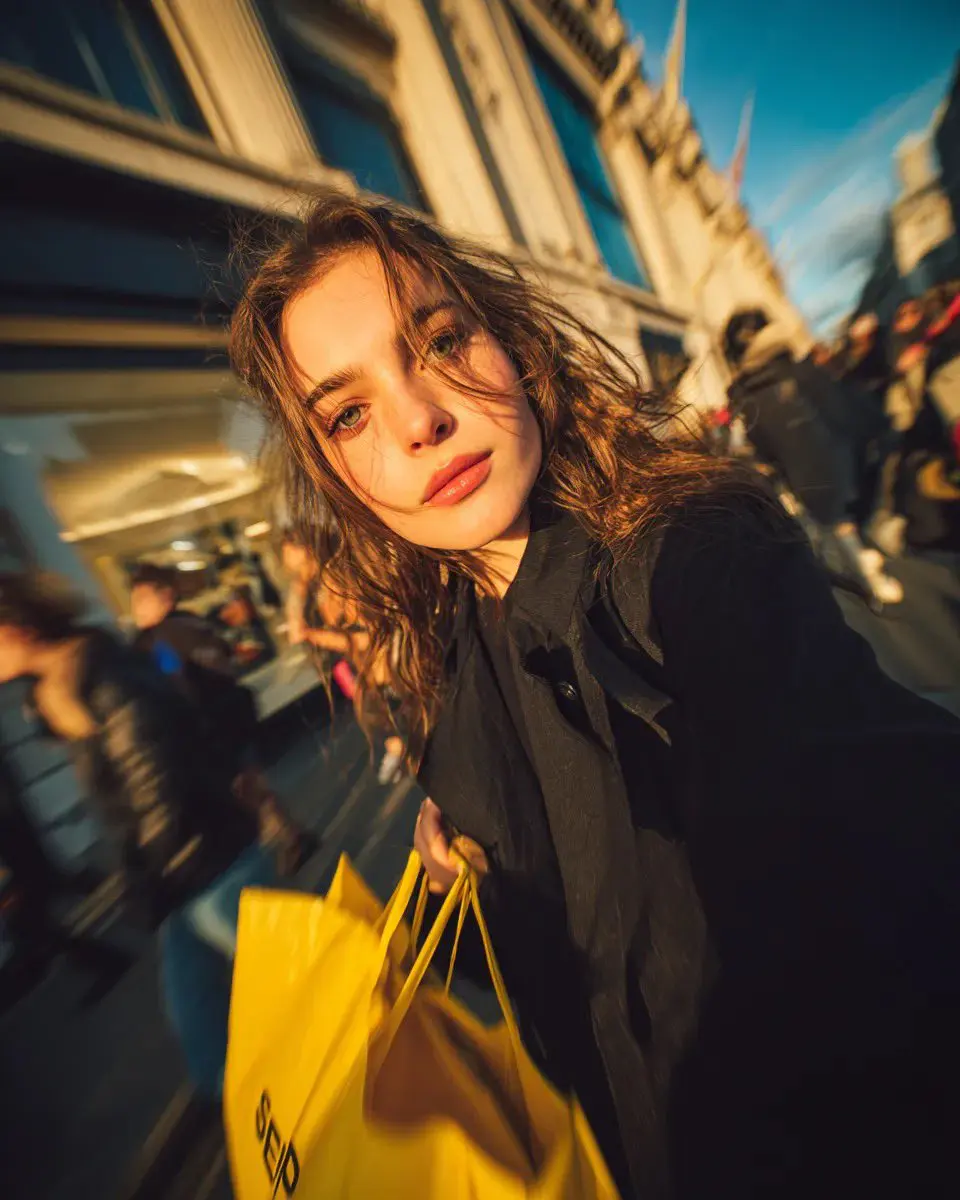 Cinematic street portrait of a young woman walking throug...