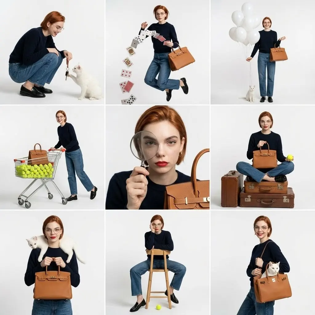 studio fashion collage, 3x3 grid layout, same subject rep...