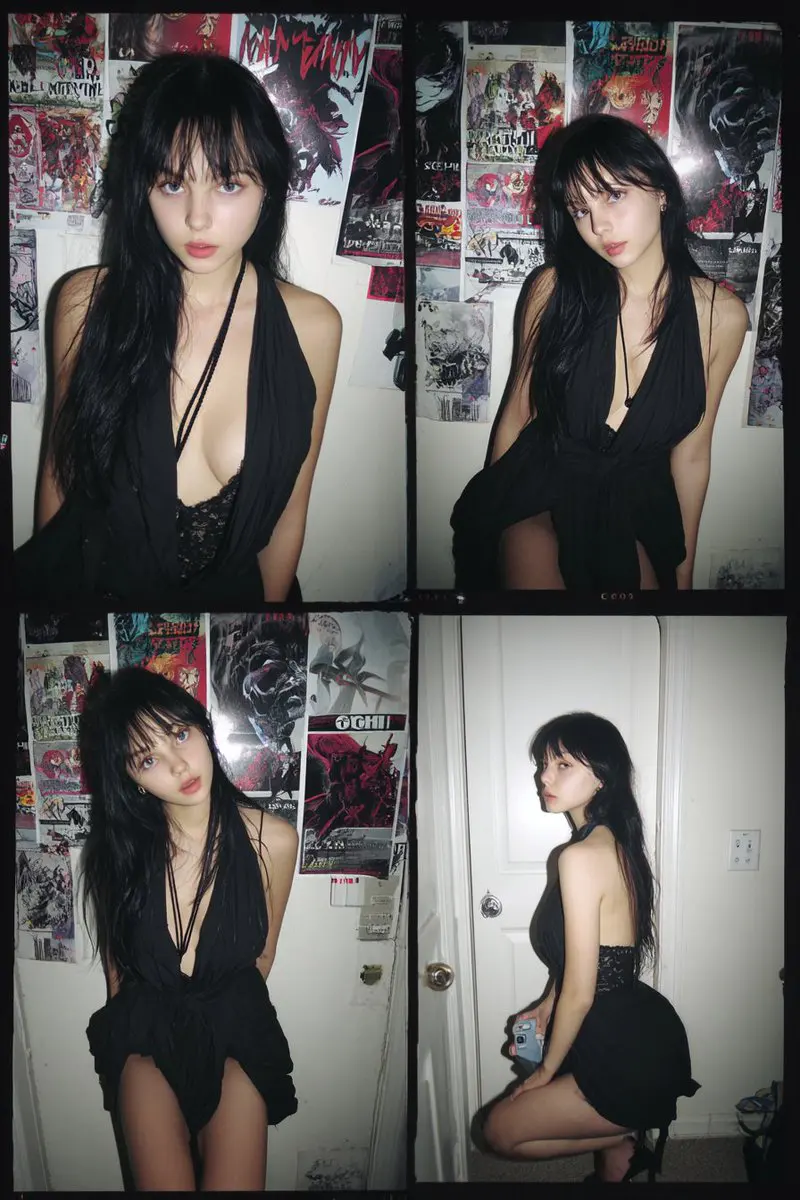 A 4 panel photo collage of a slender woman in her 20s, sh...