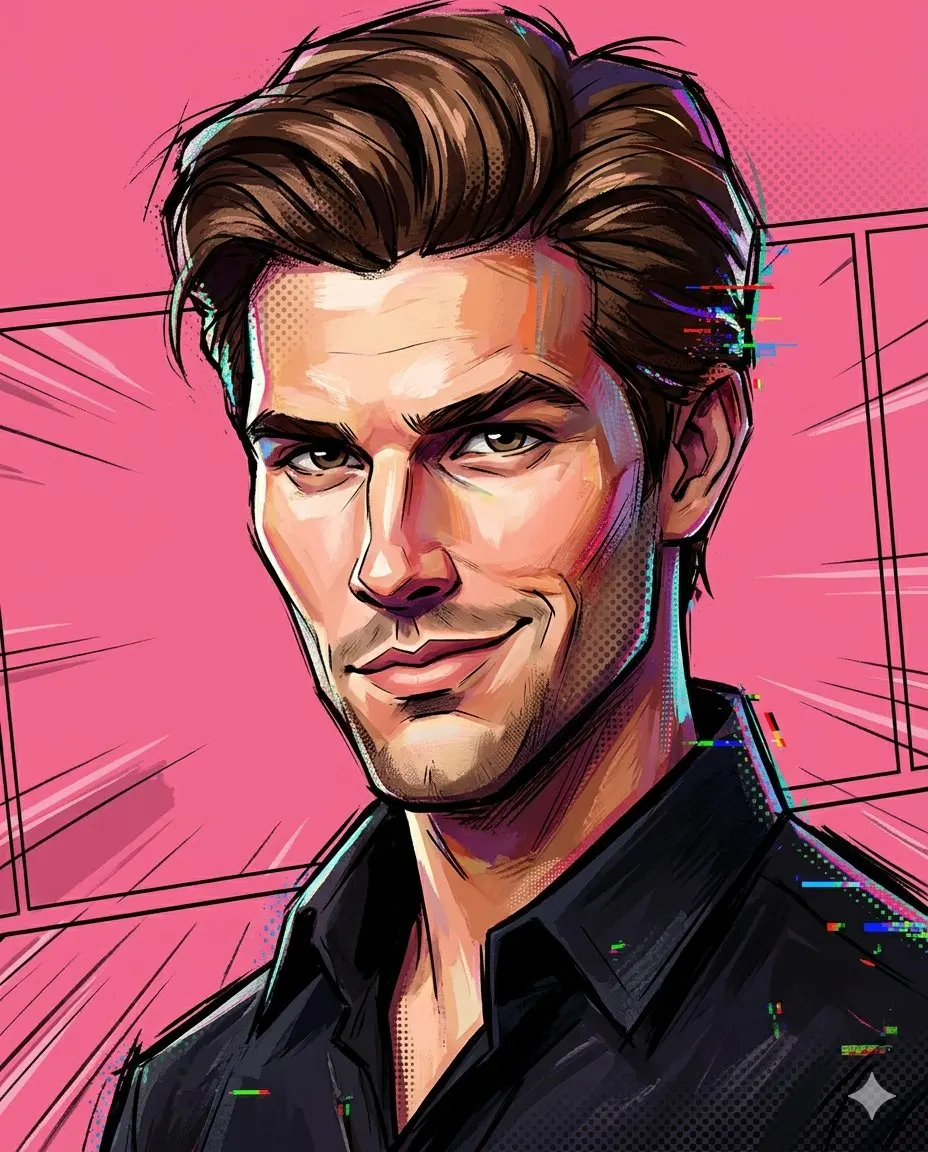 A painterly exaggerated cartoon portrait combining sculpt...