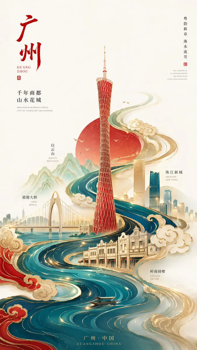 新中式极简风格高端城市海报,9:16竖版构图,以广州为核心主题,画面中心为抽象几何化的广州塔,造型简洁但具有辨识度,