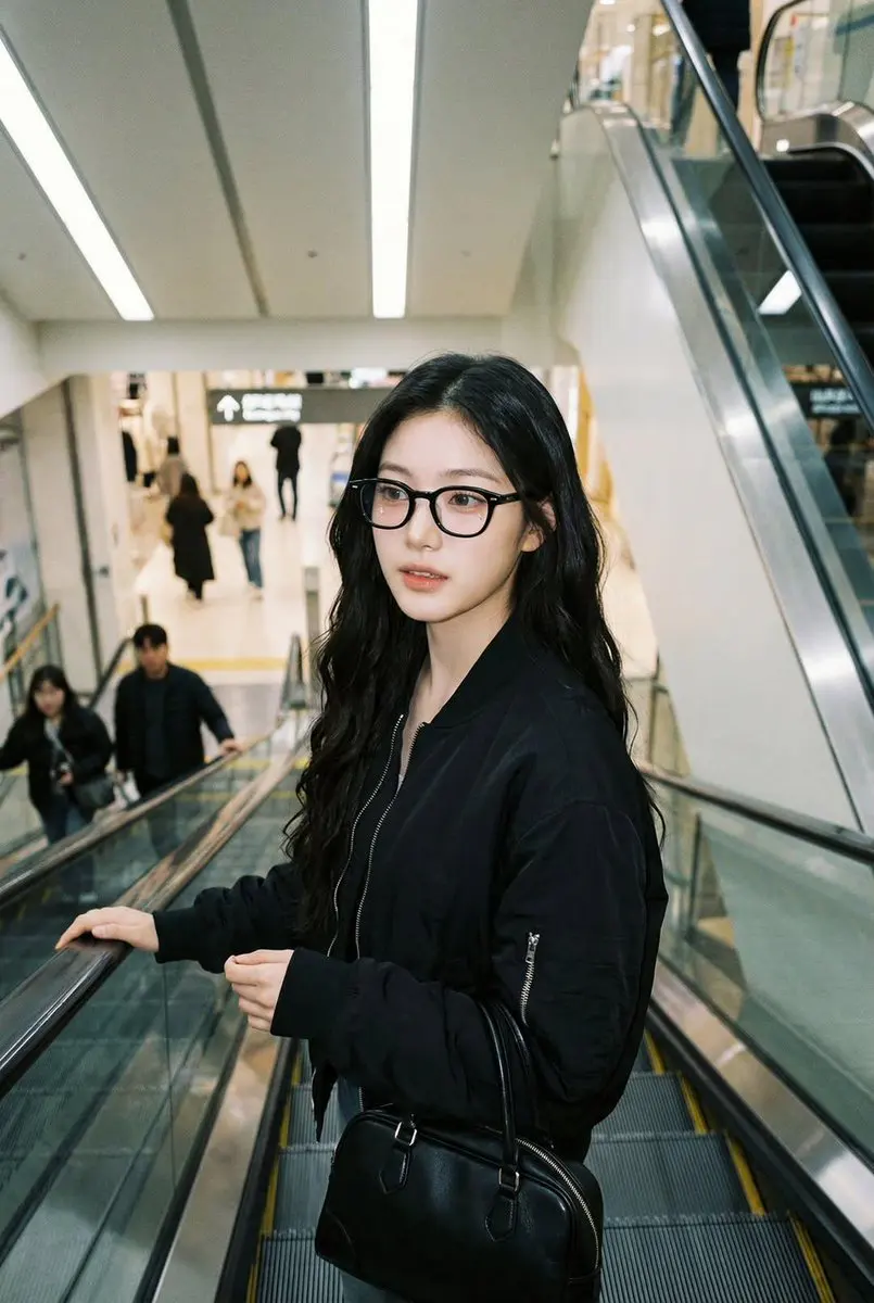 Photorealistic iPhone candid of a woman on an escalator, ...