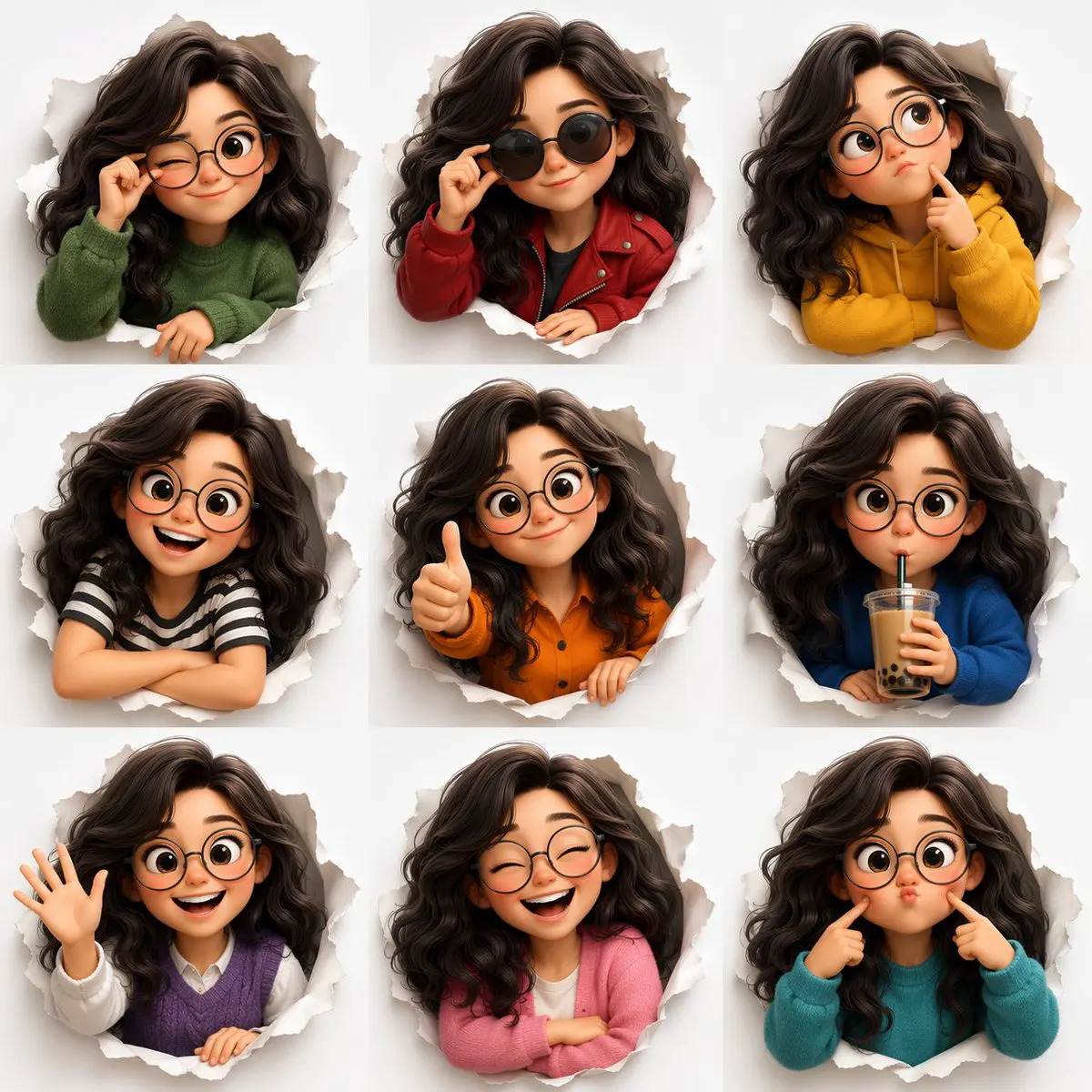 3D Pixar-style expression sheet, cute stylized avatar wit...