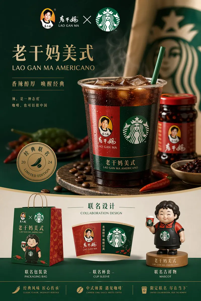 生成完整高端的品牌运营图 ,产品是老干妈和星巴克的联名款:老干妈美式,中间是主图,下面放一些联名的设计,包装袋、杯...