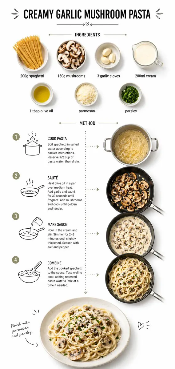 Create step-by-step recipe infographic for creamy garlic ...