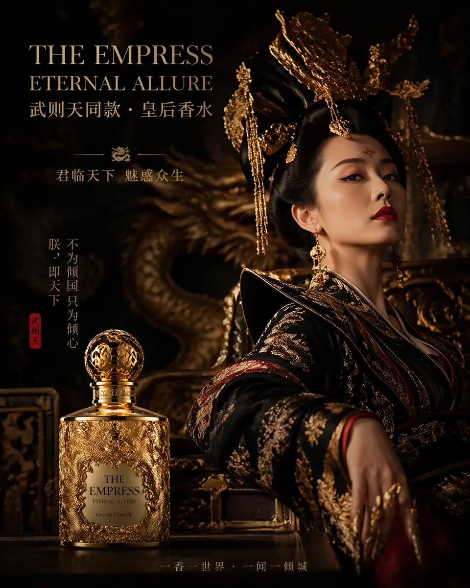 武则天同款皇后香水广告,龙纹金瓶,暗黑宫廷氛围感大片