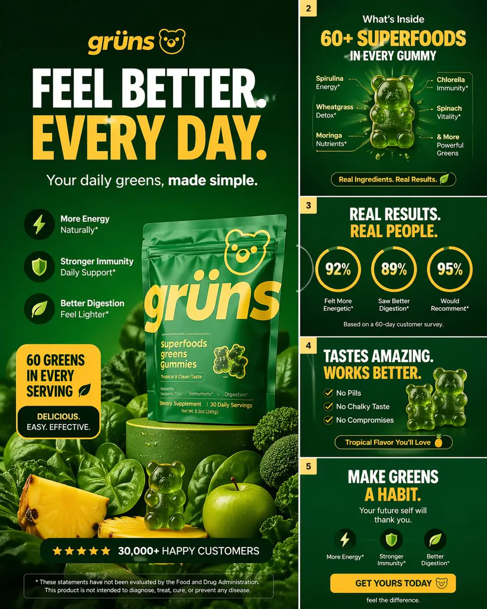 Create a high-converting carousel image for Grüns (greens...