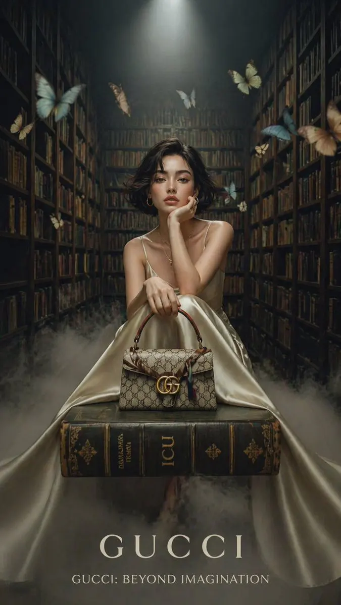 A cinematic luxury fashion editorial set inside a grand v...