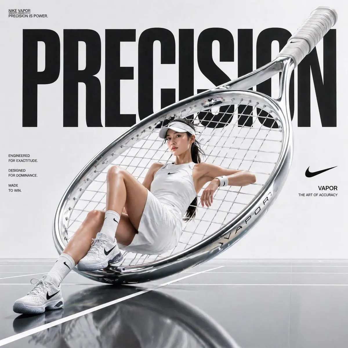 Avant-garde sports fashion advertisement, oversized tenni...