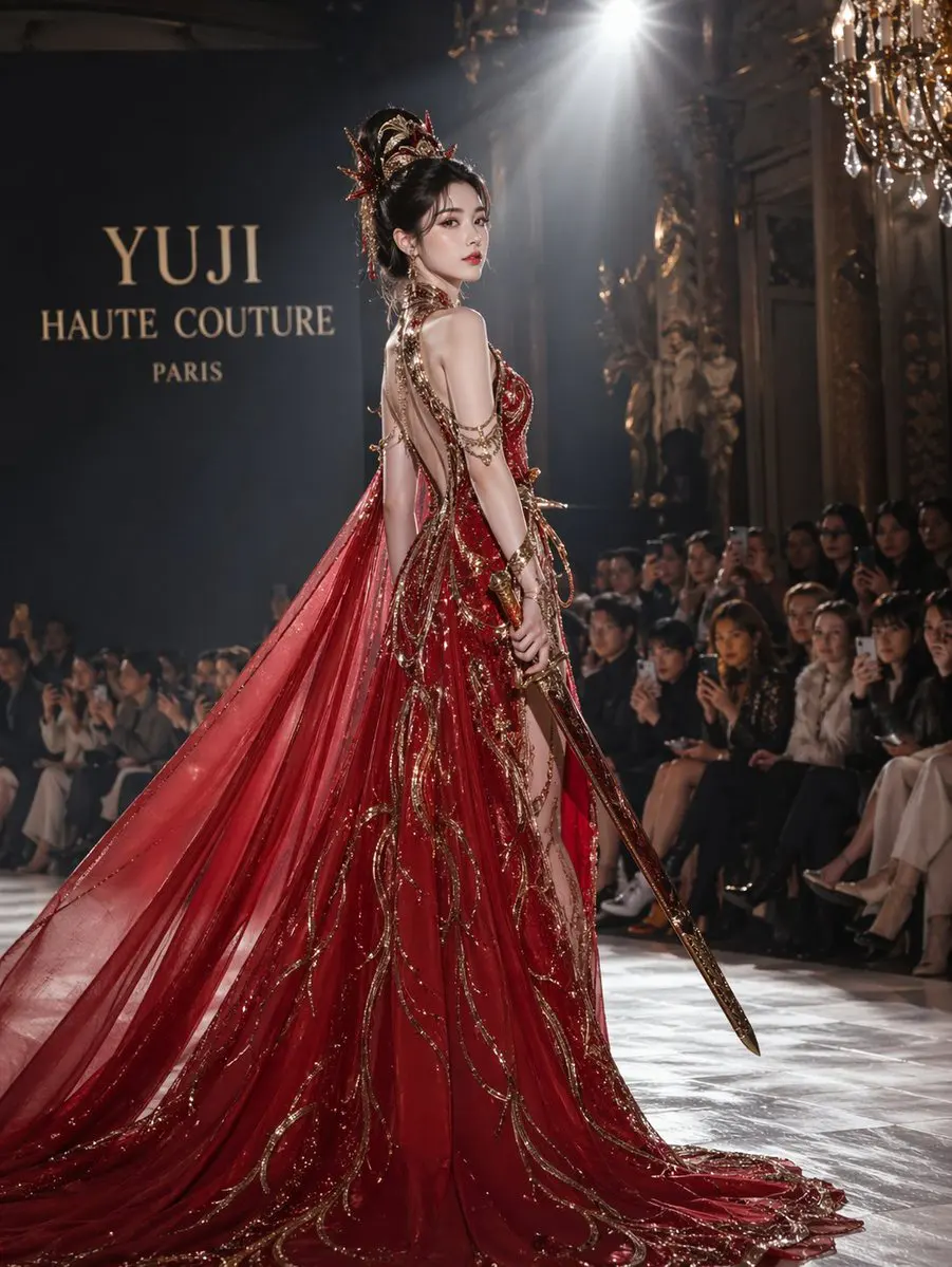 虞姬试穿高定礼服,红色拖尾长裙佩剑,巴黎秀场聚光灯下