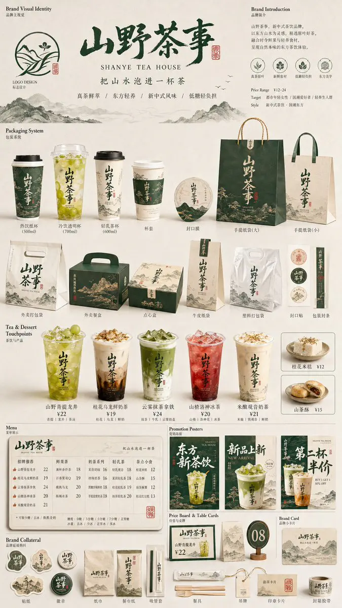 生成一张[餐饮品牌触点矩阵]系列视觉图，用于展示一个完整的餐饮品牌视觉系统与包装应用方案。