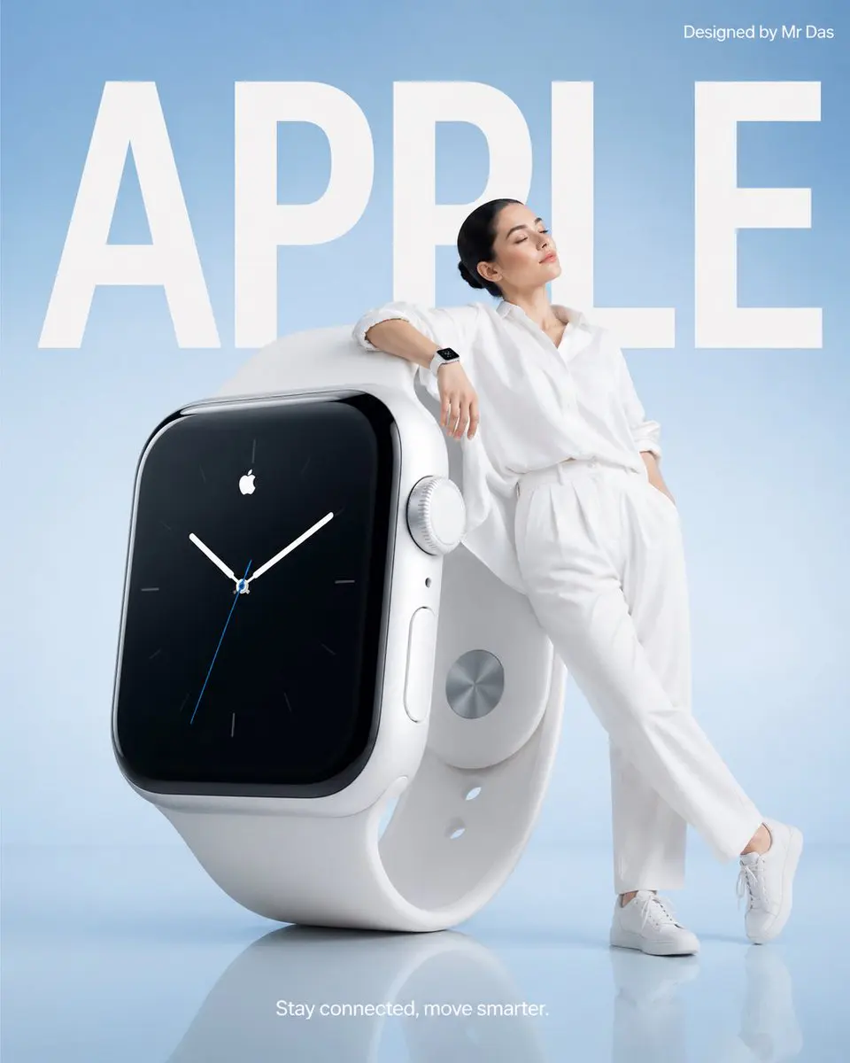 Minimalist commercial ad featuring oversized white smartw...