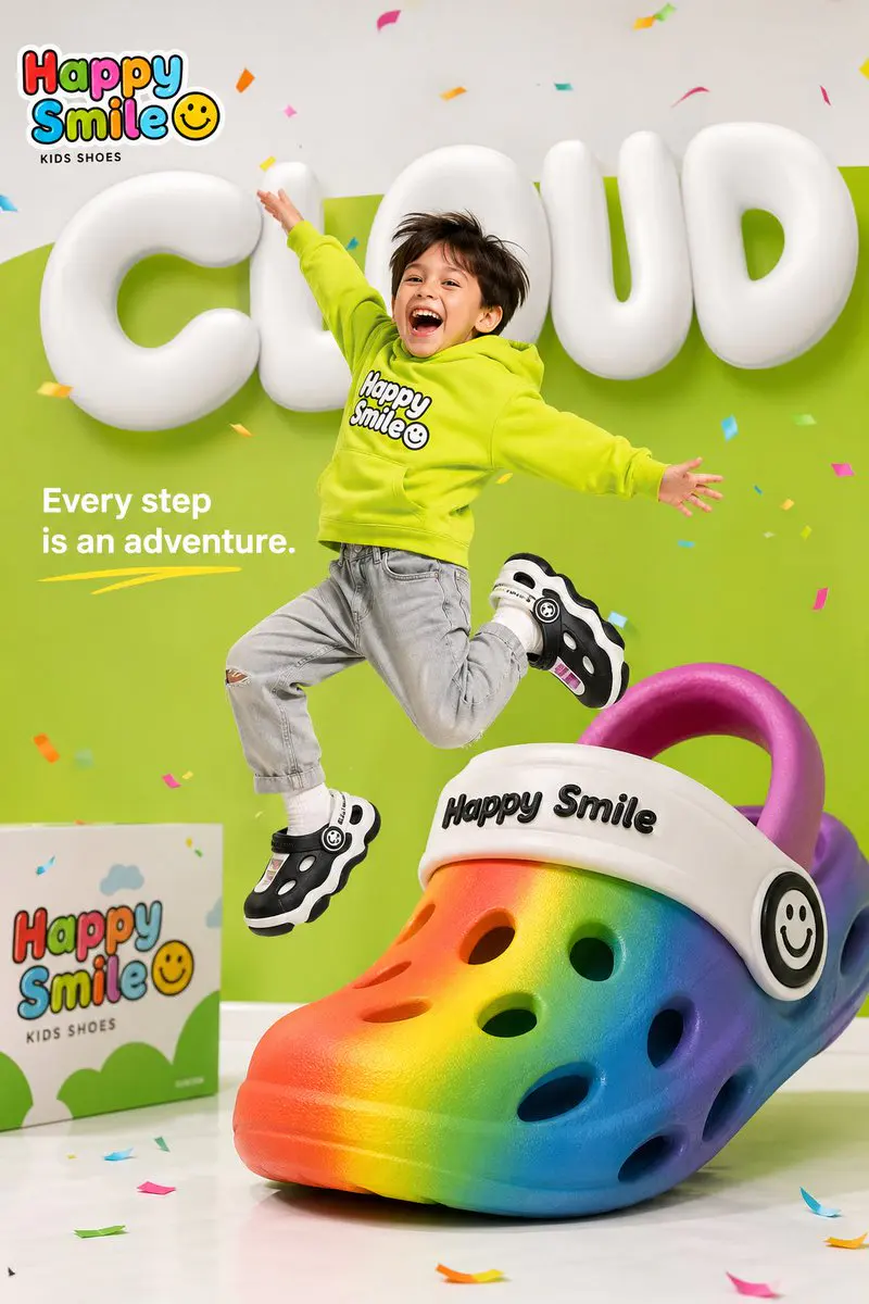 Bright colorful children's shoe brand advertisement for "...