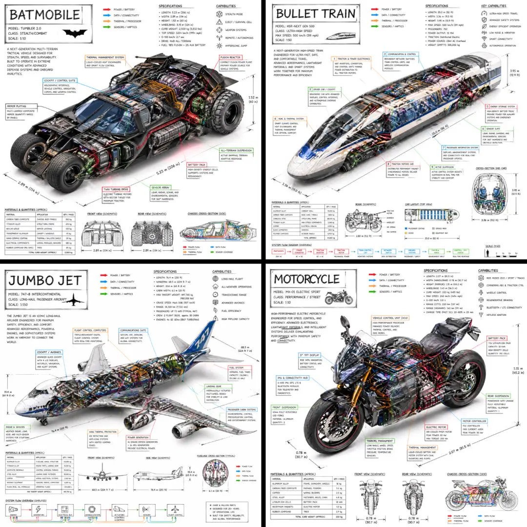 Create a technical infographic of [VEHICLE] with a 45-deg...
