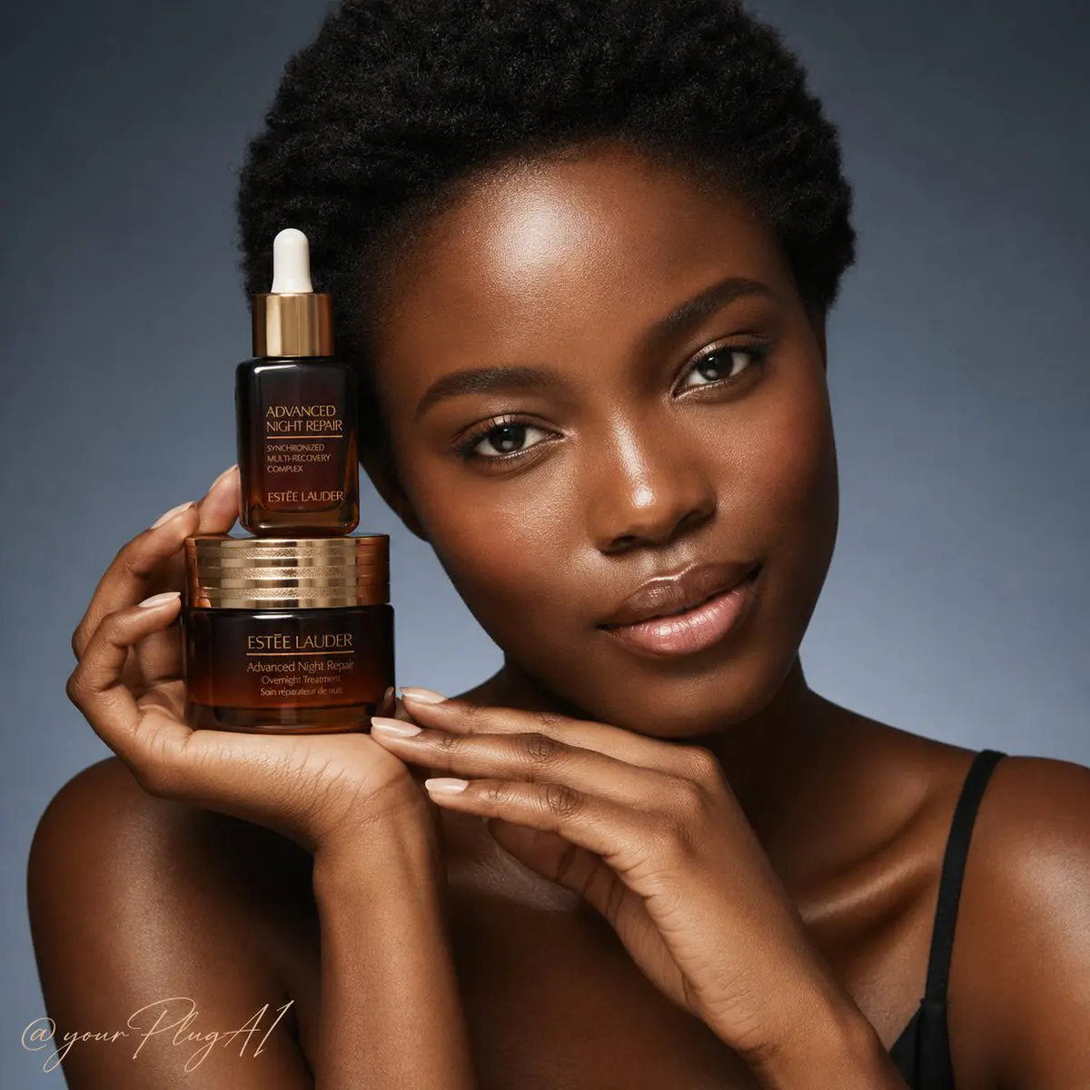 A high-end luxury skincare campaign portrait featuring [M...