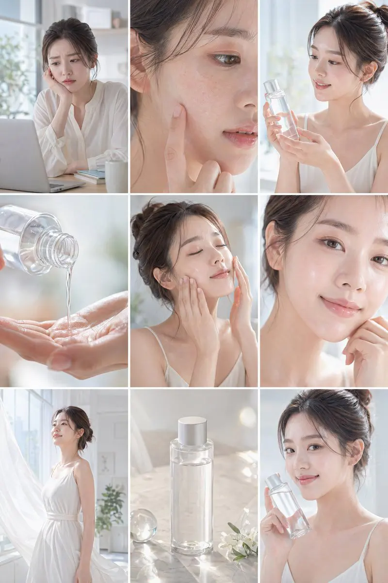 Create a clean, bright skincare commercial storyboard in ...