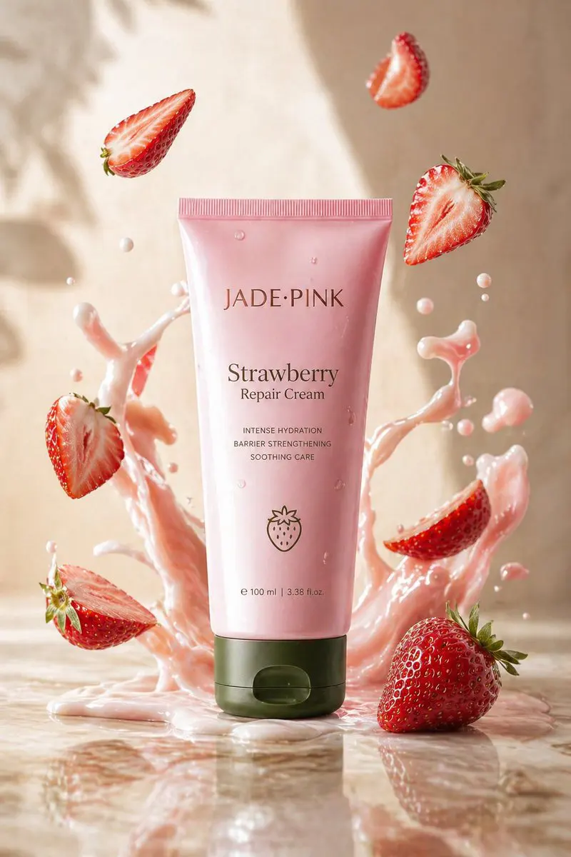 A sleek jade-pink tube labeled "Strawberry Repair Cream" ...