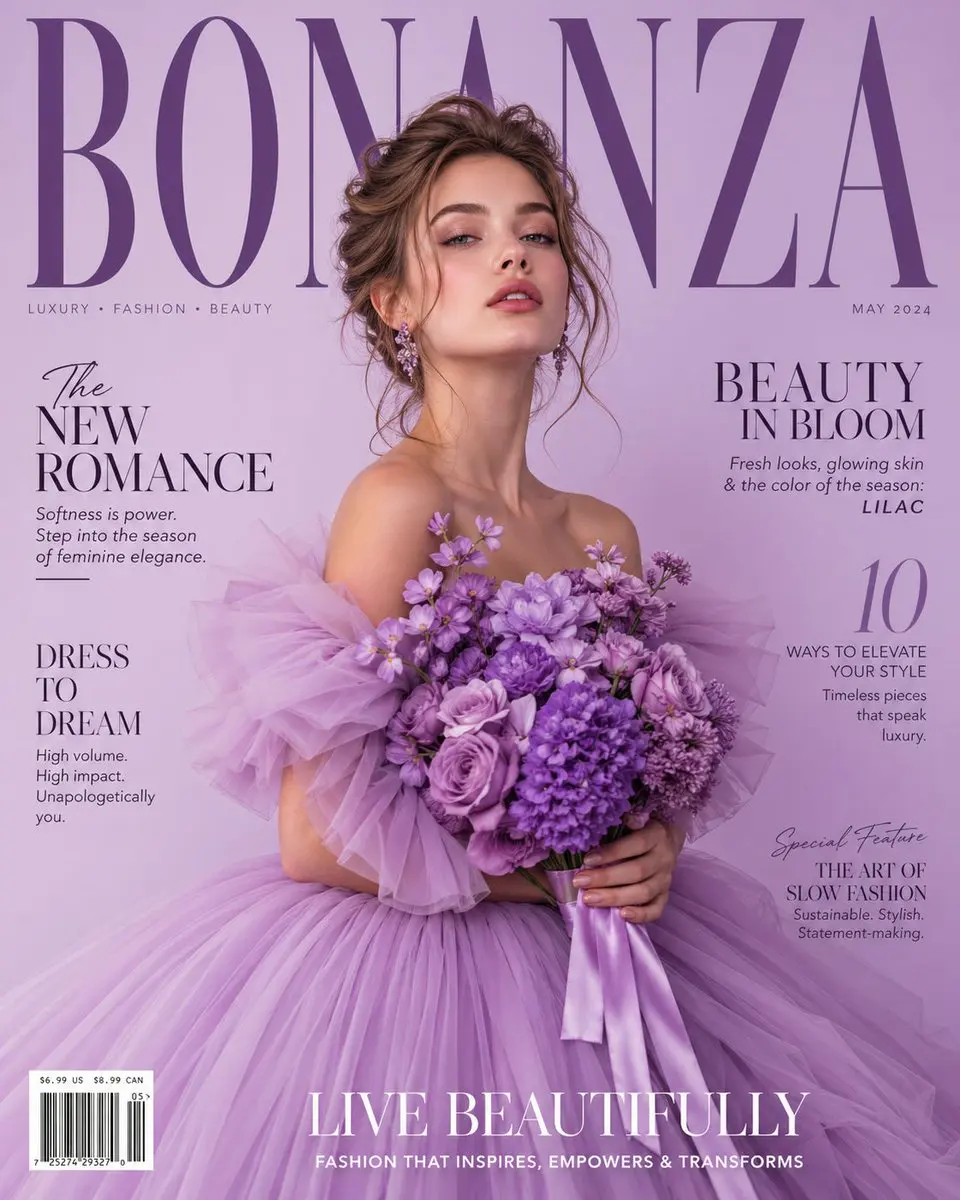 A luxury high-fashion magazine cover in a soft light purp...