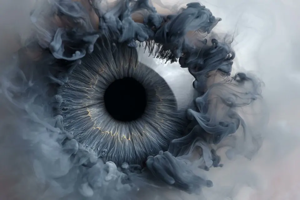 A [subject] emerges from swirling liquid plumes suspended...