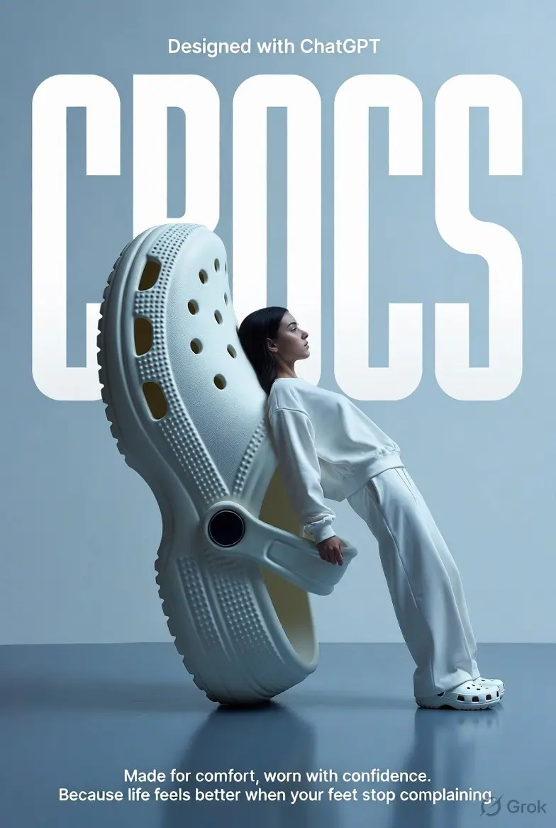 A high-fashion surrealist advertising poster for Crocs. T...