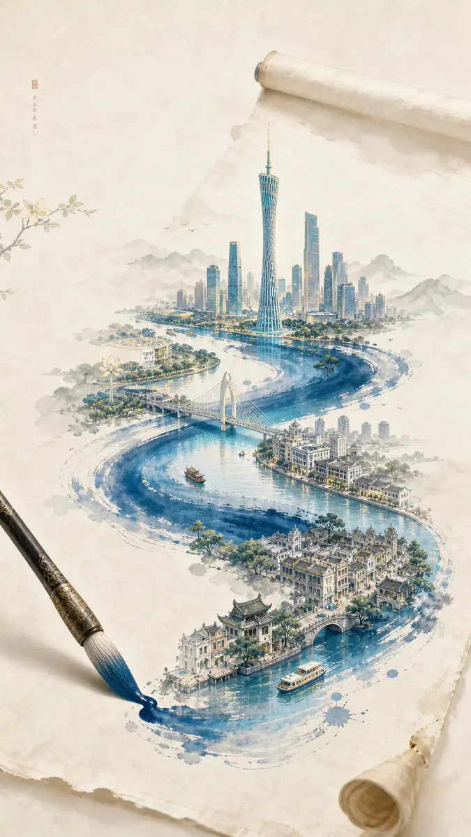 一张 新中式极简东方美学 风格的创意插画海报,整体画面以 宣纸暖白背景 为主,带有极轻微纸张肌理与大面积留白,画面...
