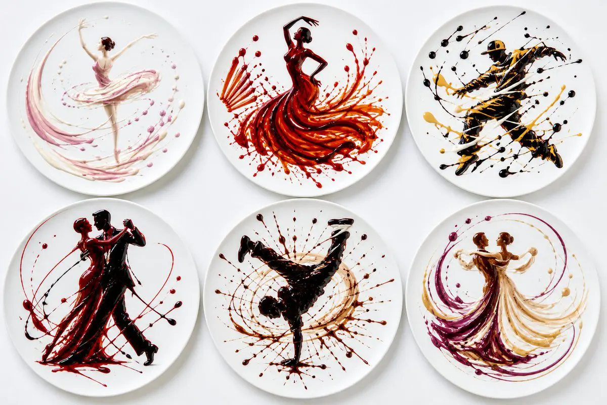 Six round white plates, each with a different dance form ...